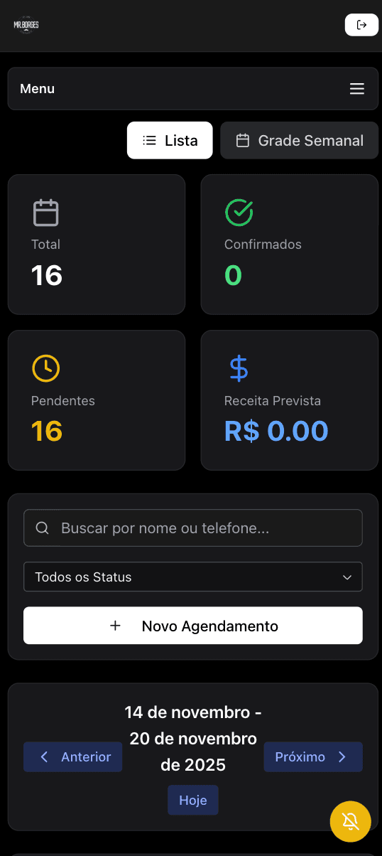 Dashboard de agendamentos em lista